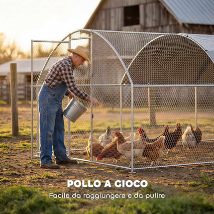 Large Chicken Run 2.8 x 3.4 x 1.9 m with Roof, Galvanised Steel, Silver