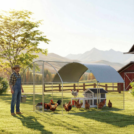 Large Chicken Run 2.8 x 3.4 x 1.9 m with Roof, Galvanised Steel, Silver