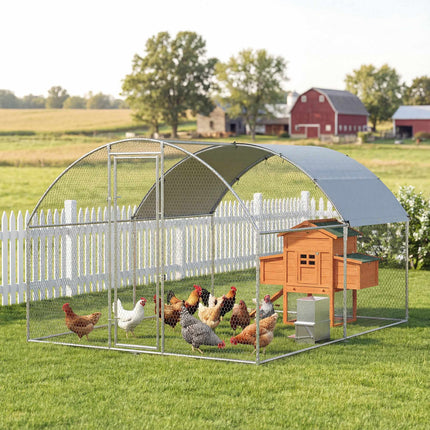 Large Chicken Run 2.8 x 3.4 x 1.9 m with Roof, Galvanised Steel, Silver