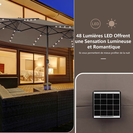 Großer Doppel-Terrassenschirm mit Solar-LED-Leuchten, Braun