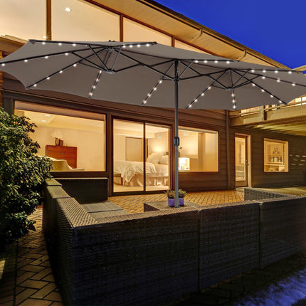 Großer Doppel-Terrassenschirm mit Solar-LED-Leuchten, Braun