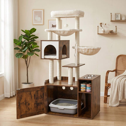 Large White Cat Tree with Litter Cabinet & Sisal Posts