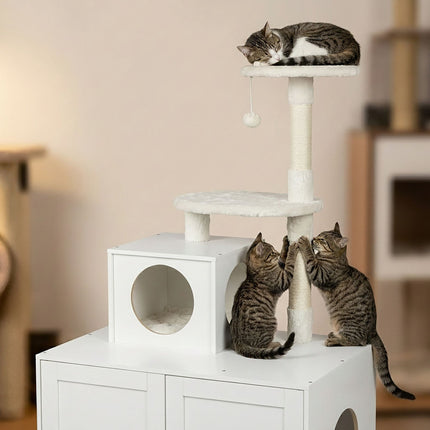 Large White Cat Tree with Litter Tray and Sisal Posts