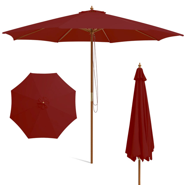 Large Wooden Patio Umbrella, 300cm, Red, Bamboo Ribs