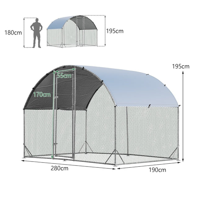 Großer Hühnerstall aus verzinktem Metall mit wasserdichter Abdeckung für den Außenbereich 190 x 280 cm