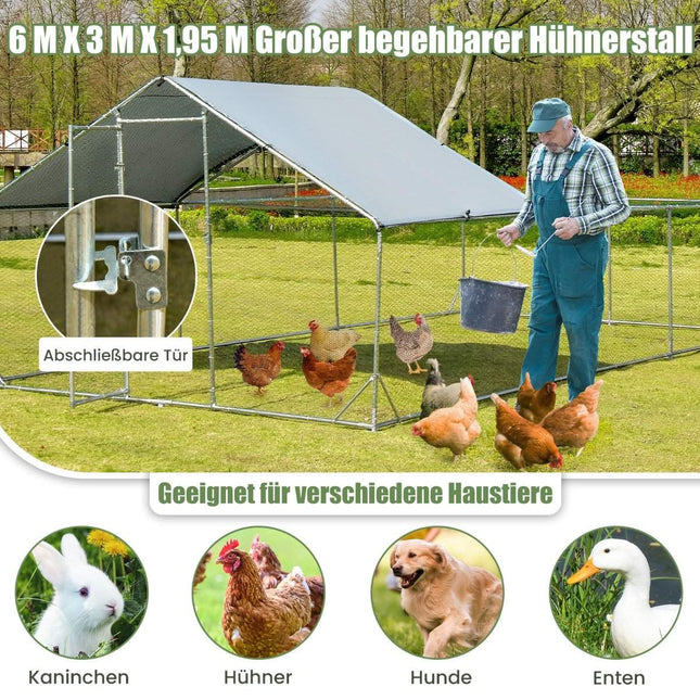 Großer Hühnerstall aus Metall mit wasserdichter und sonnenfester Abdeckung, verzinktes Außengehege für Haustiere, silber