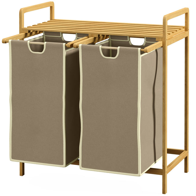 Wäschekorb Bambus, creme, 2 herausnehmbare Beutel, 63,5x33x73 cm