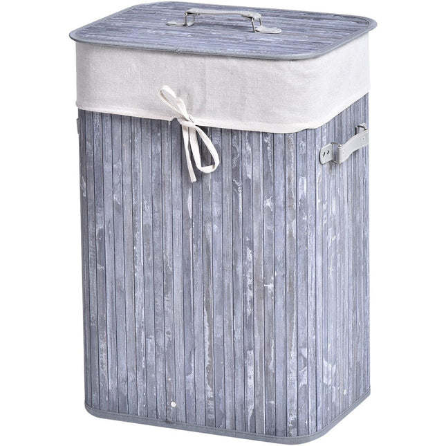 Foldable 72L bamboo laundry basket with lid - grey