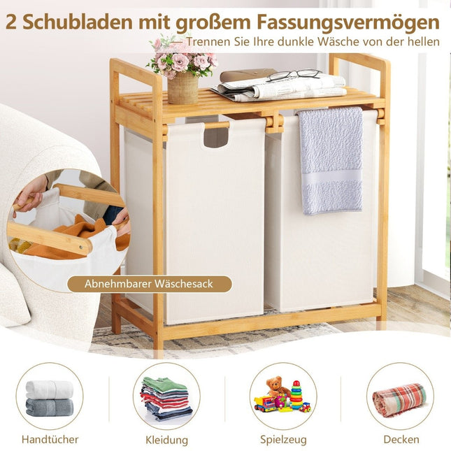 Wäschekorb mit 2 herausnehmbaren Beuteln, Bambus, Weiß
