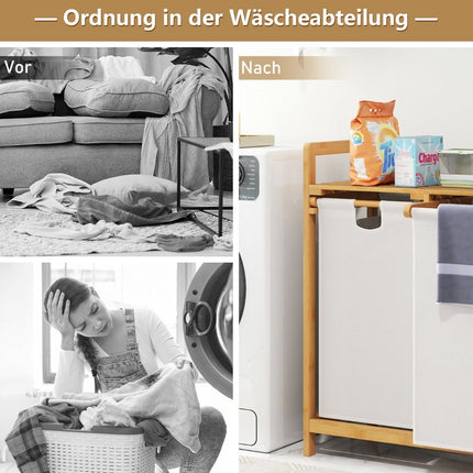 Wäschekorb mit 2 herausnehmbaren Beuteln, Bambus, Weiß