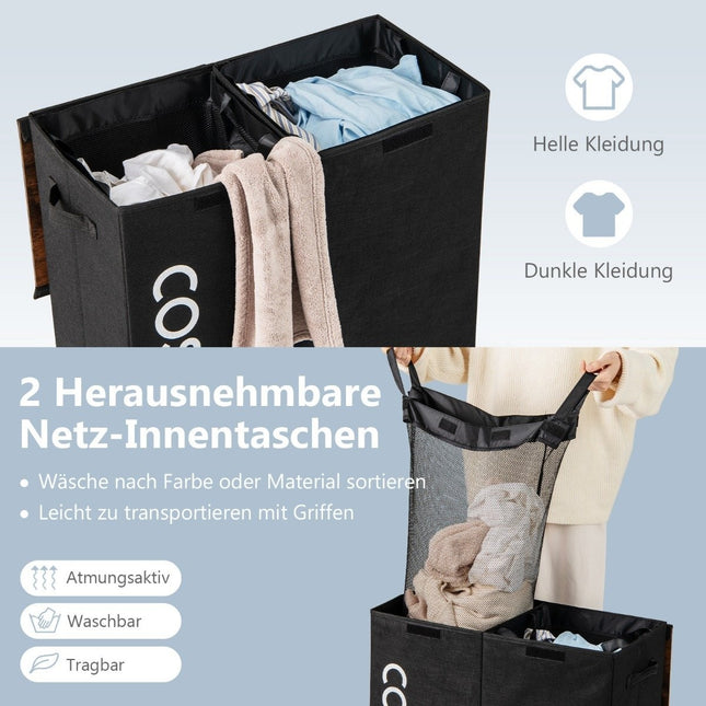 Wäschekorb mit Deckel, 105L, 2 herausnehmbare Beutel, Schwarz