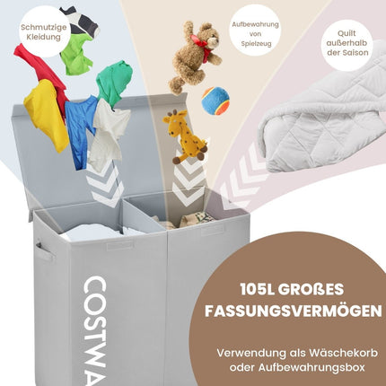 Wäschekorb, 115L, 2 Fächer, Stoff, Grau