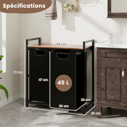 Wäschekorb mit Regal, 2 herausnehmbare Beutel, Schwarzbraun