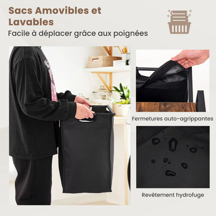 Wäschekorb mit Regal, 2 herausnehmbare Beutel, Schwarzbraun