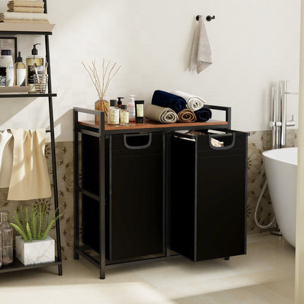 Wäschekorb mit Regal, 2 herausnehmbare Beutel, Schwarzbraun