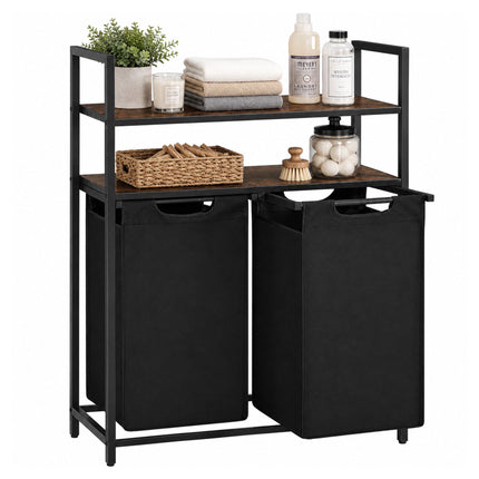 Laundry Sorter with 2 Pull-Out Bags and 2 Shelves, 46 L per Bag, Black/Brown