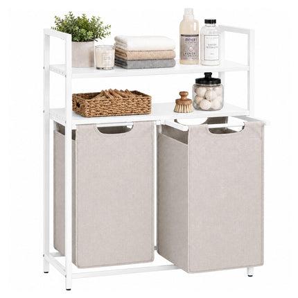 Laundry Sorter with 2 Pull-Out Bags and 2 Shelves, 46 L per Bag, White/Beige