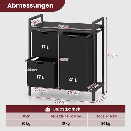Laundry Sorter with 3 Removable Bags and Shelf, 75L
