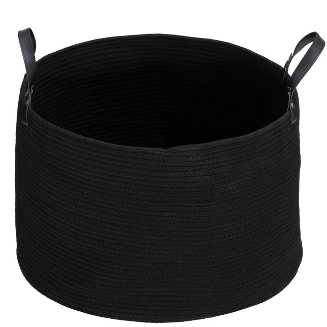 Wäschesack, 88L, tragbar, faltbar, Griffe aus Kunstleder, Baumwolle, Ø56 x 35,5H cm, schwarz