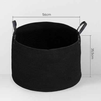 Wäschesack, 88L, tragbar, faltbar, Griffe aus Kunstleder, Baumwolle, Ø56 x 35,5H cm, schwarz