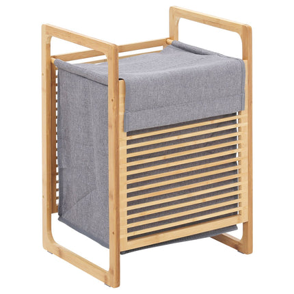 Wasmand met deksel, wasverzamelaar, wasbox met wasbare waszak, stoffen zak, bamboe, polyester, naturel + grijs, 40x35x60,5cm