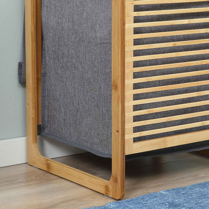 Wasmand met deksel, wasverzamelaar, wasbox met wasbare waszak, stoffen zak, bamboe, polyester, naturel + grijs, 40x35x60,5cm