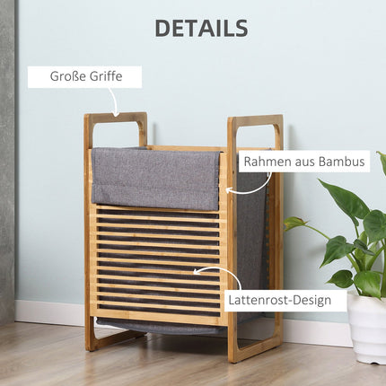 Wasmand met deksel, wasverzamelaar, wasbox met wasbare waszak, stoffen zak, bamboe, polyester, naturel + grijs, 40x35x60,5cm