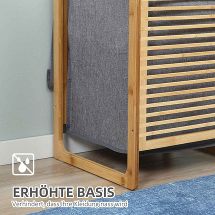 Wasmand met deksel, wasverzamelaar, wasbox met wasbare waszak, stoffen zak, bamboe, polyester, naturel + grijs, 40x35x60,5cm