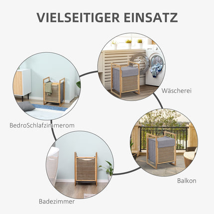Wasmand met deksel, wasverzamelaar, wasbox met wasbare waszak, stoffen zak, bamboe, polyester, naturel + grijs, 40x35x60,5cm