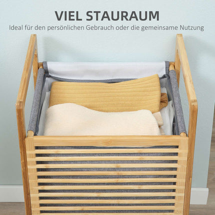 Wasmand met deksel, wasverzamelaar, wasbox met wasbare waszak, stoffen zak, bamboe, polyester, naturel + grijs, 40x35x60,5cm