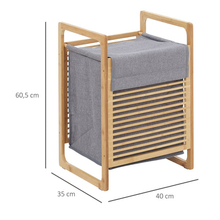 Wasmand met deksel, wasverzamelaar, wasbox met wasbare waszak, stoffen zak, bamboe, polyester, naturel + grijs, 40x35x60,5cm