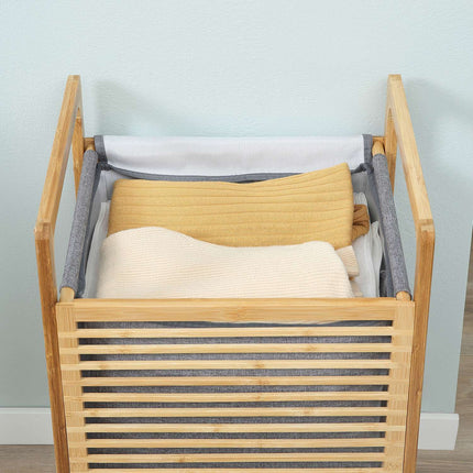 Wasmand met deksel, wasverzamelaar, wasbox met wasbare waszak, stoffen zak, bamboe, polyester, naturel + grijs, 40x35x60,5cm