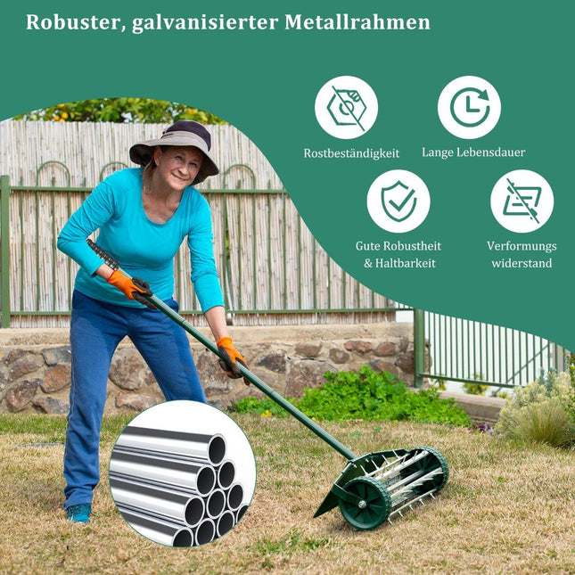 Rasenlüfterwalze Rasenwalze mit Griff &amp; 3cm Nägeln &amp; Spritzschutz 46 x 23 x 127 cm Dunkelgrün und Silber
