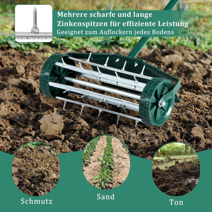 Rasenlüfterwalze Rasenwalze mit Griff &amp; 3cm Nägeln &amp; Spritzschutz 46 x 23 x 127 cm Dunkelgrün und Silber
