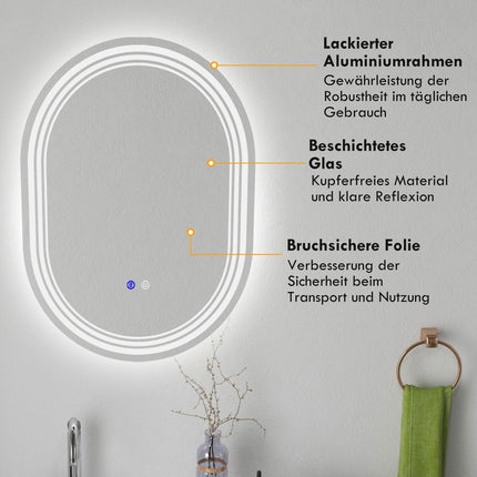 LED Badspiegel mit Touch-Schalter, 70x50cm, Antibeschlag