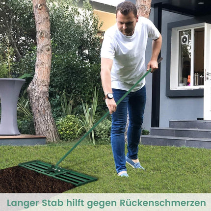 Planierreche mit ergonomischem Griff, robustes Rasengerät, Planierreche, Flächenplaner, 106 x 25 cm, grün