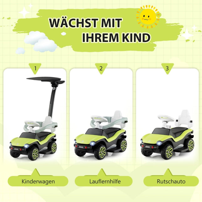Lizenziertes 3-in-1 Volkswagen Rutschauto mit dreifach verstellbarem Schiebegriff 96 x 40 x 93 Grün