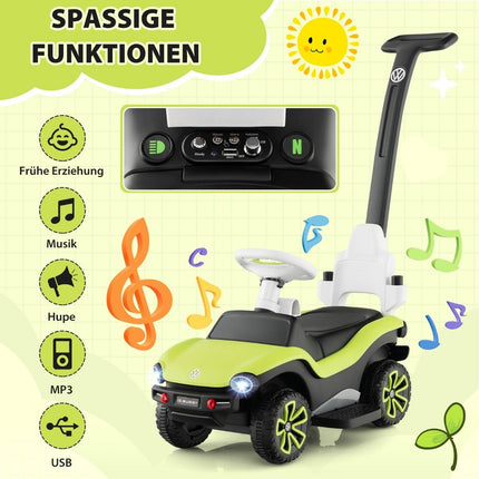 Lizenziertes 3-in-1 Volkswagen Rutschauto mit dreifach verstellbarem Schiebegriff 96 x 40 x 93 Grün