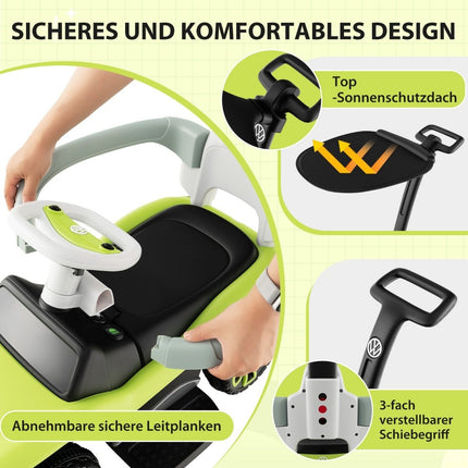 Lizenziertes 3-in-1 Volkswagen Rutschauto mit dreifach verstellbarem Schiebegriff 96 x 40 x 93 Grün