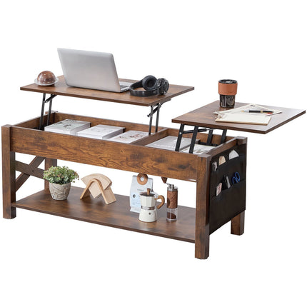Lift Top Coffee Table, 47.5 in, Storage Pockets, Brown