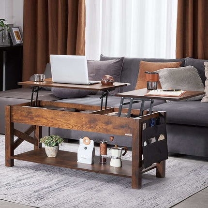 Lift Top Coffee Table, 47.5 in, Storage Pockets, Brown