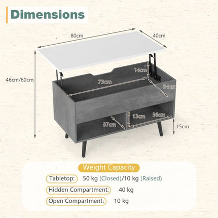Lift Top Coffee Table – Hidden Storage, Open Shelves, Grey