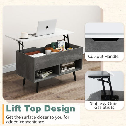 Lift Top Coffee Table – Hidden Storage, Open Shelves, Grey