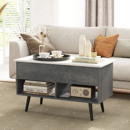 Lift Top Coffee Table – Hidden Storage, Open Shelves, Grey