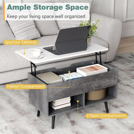 Lift Top Coffee Table – Hidden Storage, Open Shelves, Grey