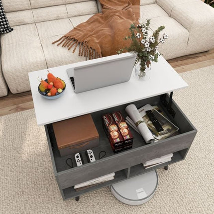 Lift Top Coffee Table – Hidden Storage, Open Shelves, Grey