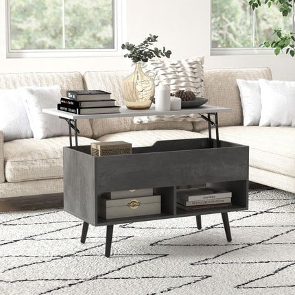 Lift Top Coffee Table – Hidden Storage, Open Shelves, Grey