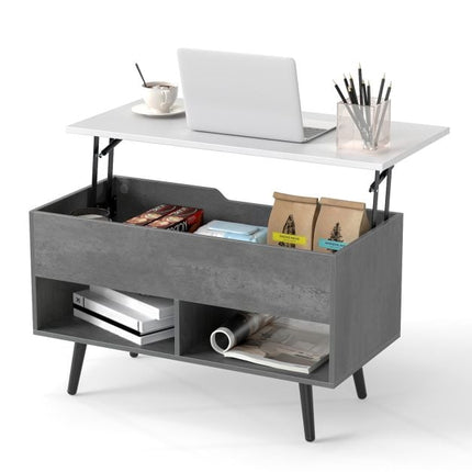 Lift Top Coffee Table – Hidden Storage, Open Shelves, Grey