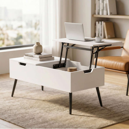 Konferenční stolek se zvedací deskou a skrytým úložným prostorem, 100 x 50 cm, bílý
