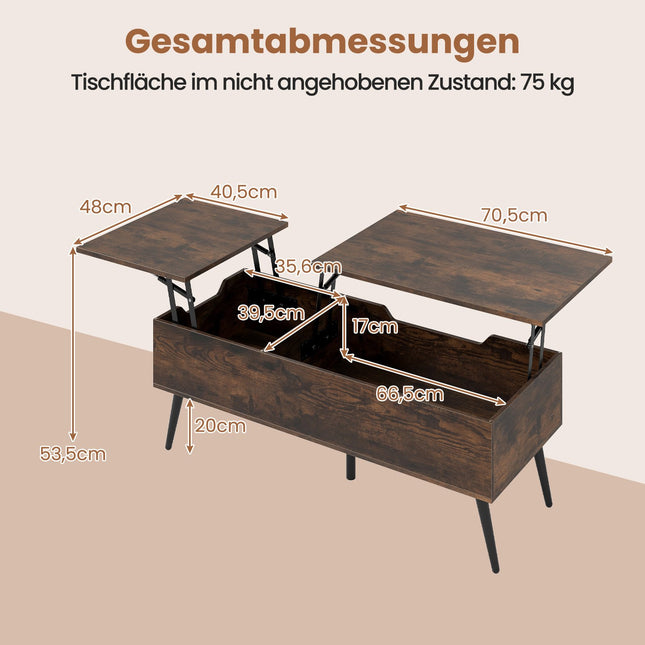 Couchtisch mit anhebbarem Oberteil, verstecktem Stauraum und verstellbarer Höhe